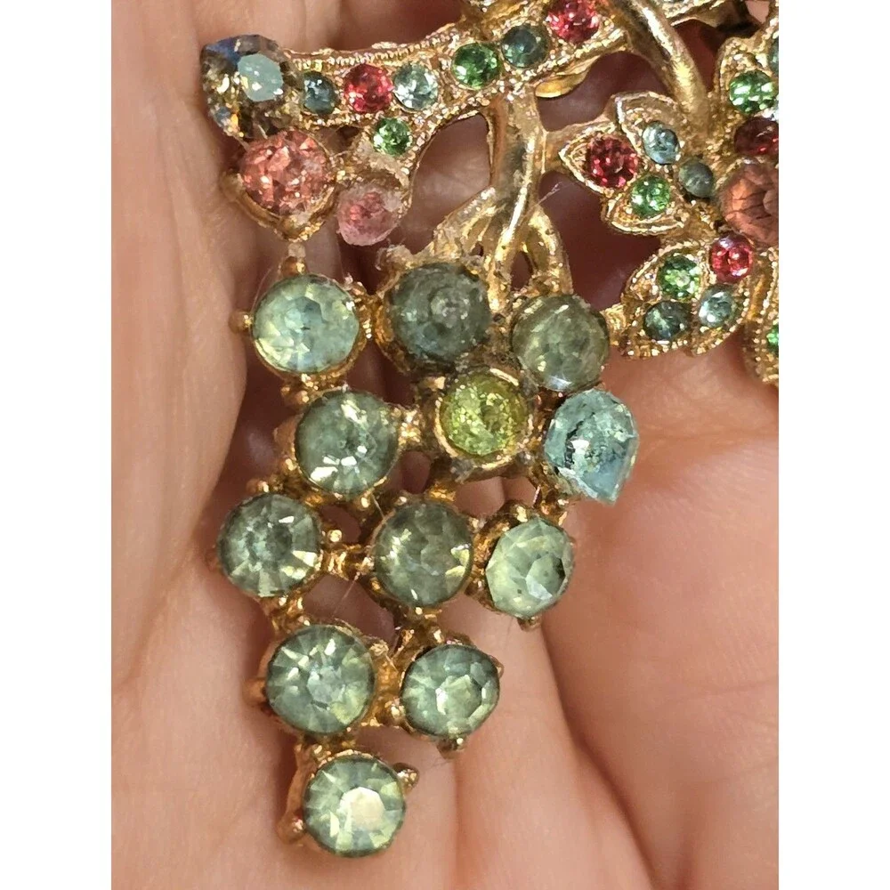 Vintage Fruit Salad Style Rhinestone Grape Floral Brooch Multicolor Pin #1398